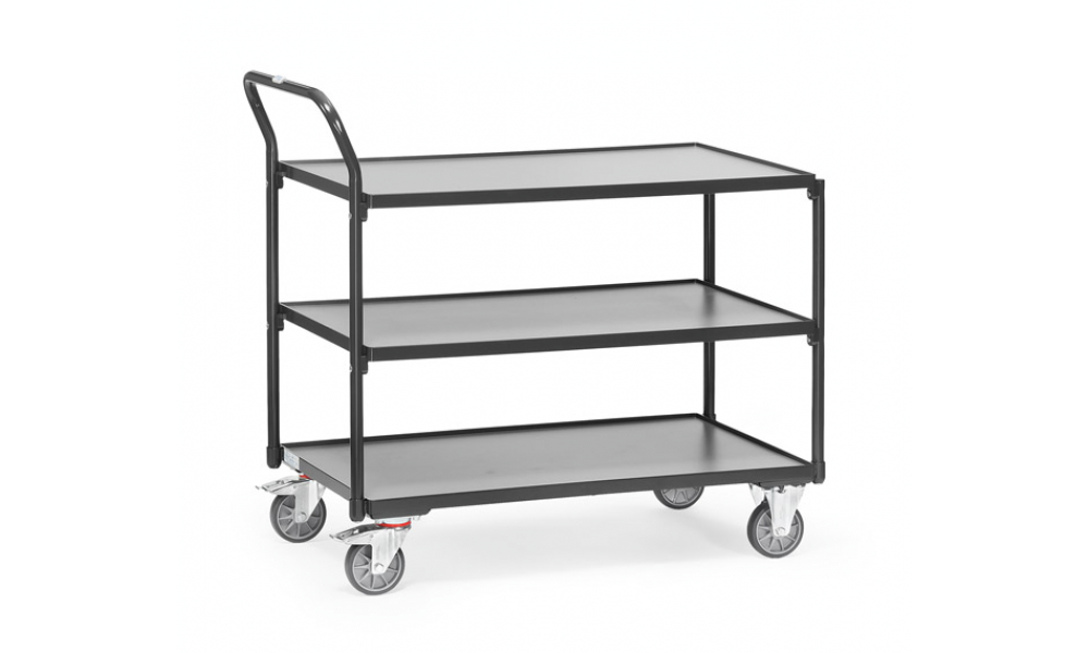 Leichter Tischwagen in Anthrazitgrau (RAL 7016) 300 kg, mit 3 Böden aus Holz
