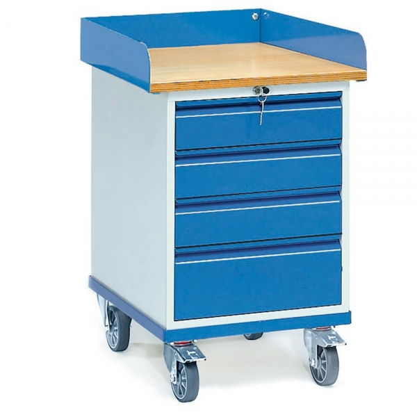 Rollschrank 150 kg, Ladefläche 650 x 550 mm, mit Umrandung und 4 Schubladen