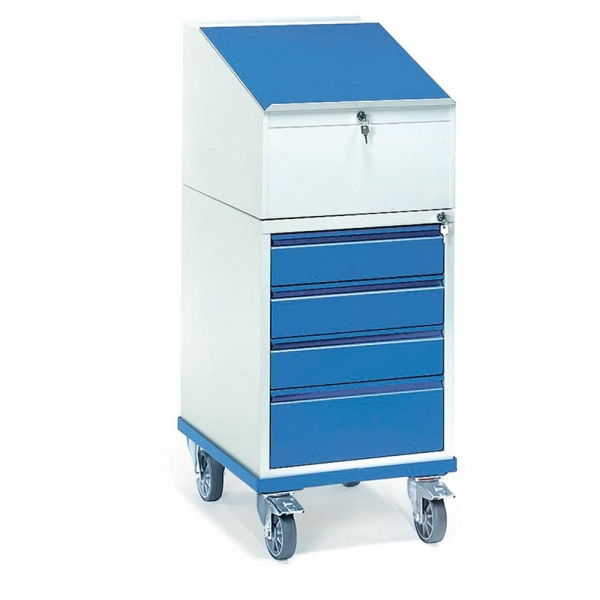 Rollpult 150 kg, mit 4 Schubladen und Schreibpult-Aufsatz