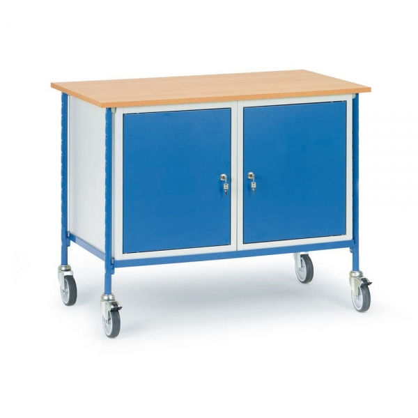 Rolltisch 150 kg, mit 2 Stahlschränken