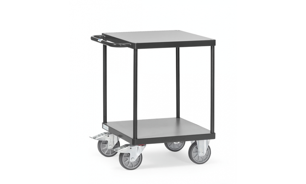 Schwerer Tischwagen in Anthrazitgrau (RAL 7016) 500 kg, Ladefläche 600x600 mm, mit 2 Böden
