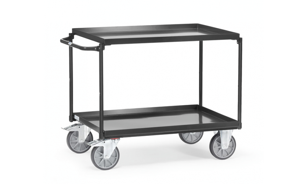 Tischwagen in Anthrazitgrau (RAL 7016) mit 2 Böden aus Blechwannen, Griff waagerecht, 400 kg