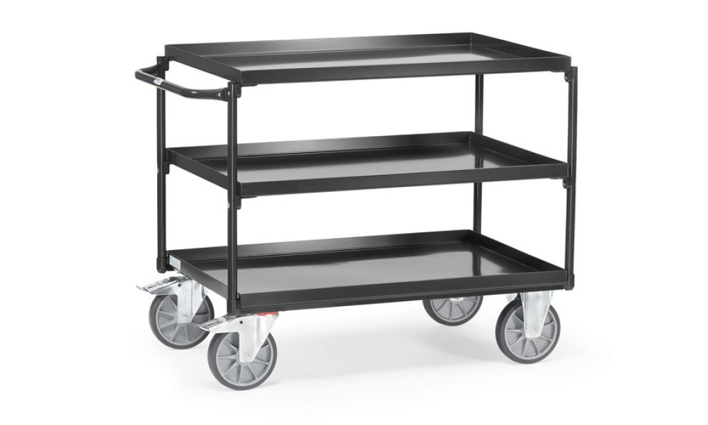 Tischwagen in Anthrazitgrau (RAL 7016) mit 3 Blechwannen, Griff waagerecht, 400 kg