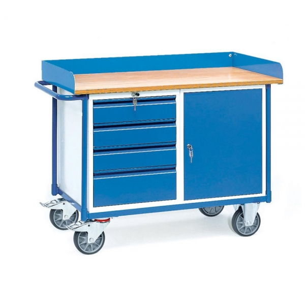 Werkstattwagen mit Arbeitsplatten 400 kg, 1 Schrank und 4 Schubladen